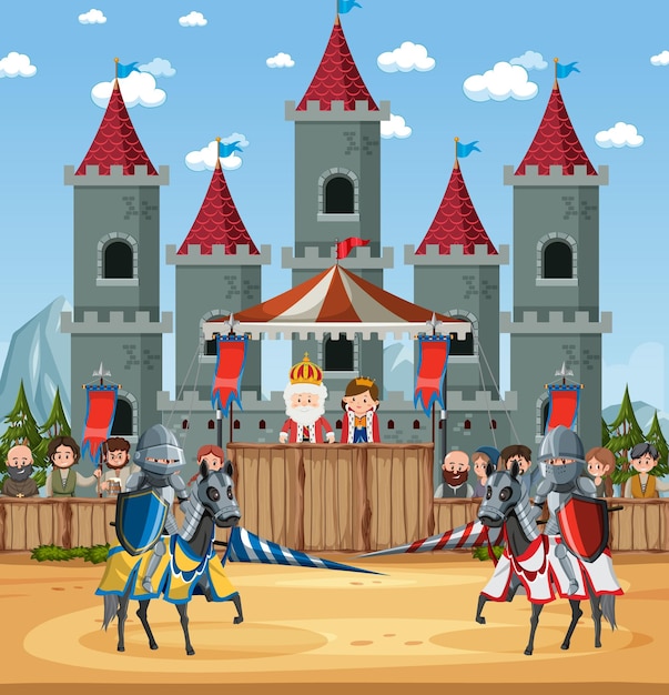 Medieval castle scene with armour warriors fighting