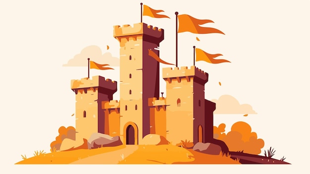 Vector medieval castle tower with waving flags