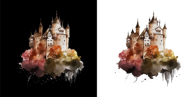 Vector medieval castle in watercolor style isolated on white and black background. fairytale. vector