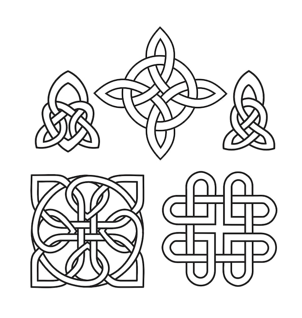 Medieval Celtic knot tattoo set. Celtic, Irish knots ornament. Celtic symbols, endless knot shape vector icon, infinite spirit unity symbol, pagan circle tribal symbols graphics isolated