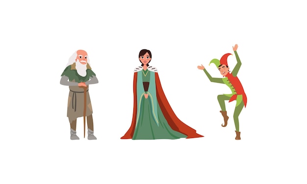 Vector medieval characters dressed ancient clothes set majestic queen old poor man jester vector illustration