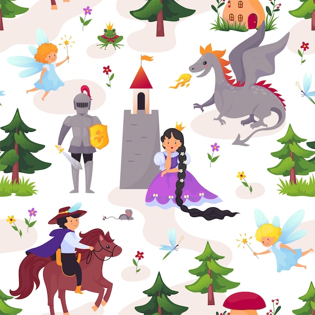 Medieval characters pattern Cartoon print with fairytale prince and princess Magician castle Witch and dragon Fantasy kingdom Knight and enchantress Vector seamless background