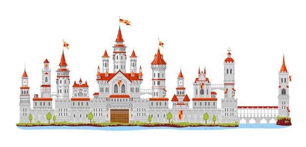 Medieval fortress castle tower and turret wall and palace gate bridge and fort vector elements Cartoon fantasy kingdom building king fairy tale fortress castle or citadel of royal architecture