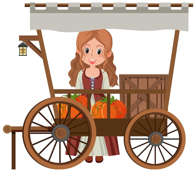 Medieval girl with pumpkins in a cart