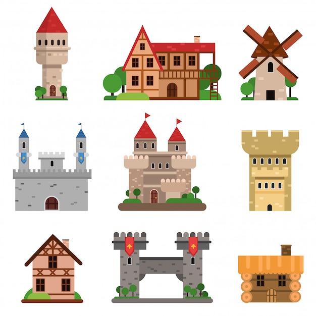 Medieval historical buildings of different countries set of cartoon   Illustrations