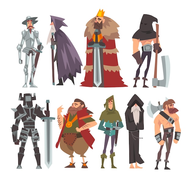 Medieval Historical Cartoon Characters in Traditional Costumes Set Warrior King Knight Wizard Monk Executioner Vector Illustration on White Background