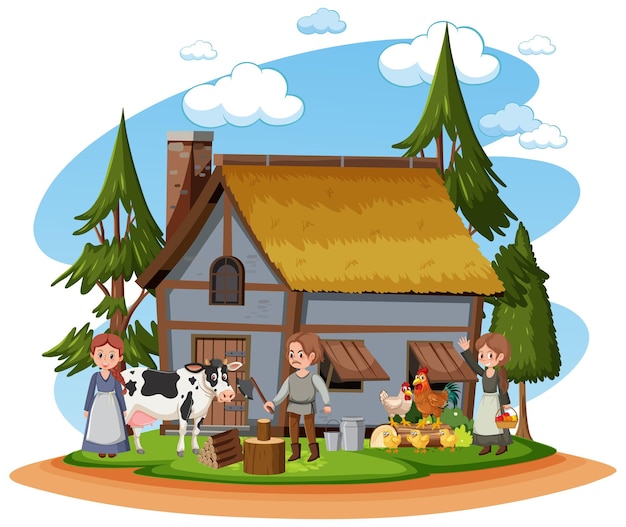 Medieval house with villagers and farm animals