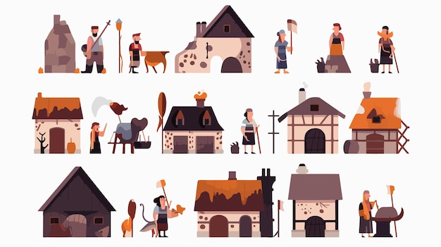 Vector medieval icon featuring houses taverns and villagers