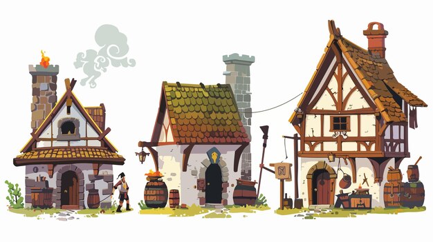 Vector medieval icon with houses taverns and villagers