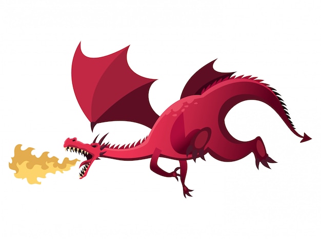 Medieval Kingdom Character. Isolated dragon who breathes fire on a white background. personage