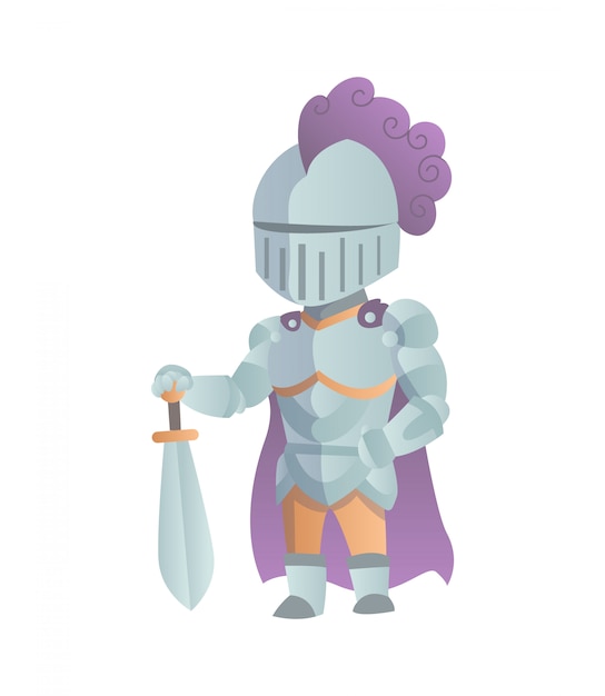 Vector medieval knight in full armor flat illustration. the comic caricature. funny cartoon knight.