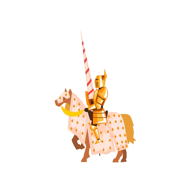 Medieval knight riding horse holding striped lance. Brave warrior in golden armor. Jousting tournament. Cartoon style illustration for poster or postcard. Colorful flat vector icon isolated on white.