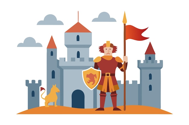 Vector medieval knight standing guard with shield and spear in front of a castle with towers and a loyal dog