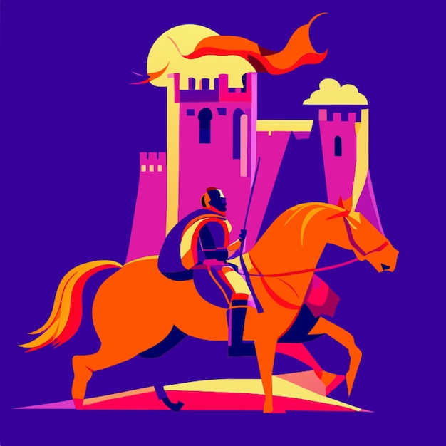 Vector medieval knight with horse and a castle coming out of a big book vector illustration flat 2