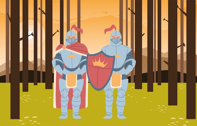 Medieval knights with armors and at forest design of Kingdom and fairytale