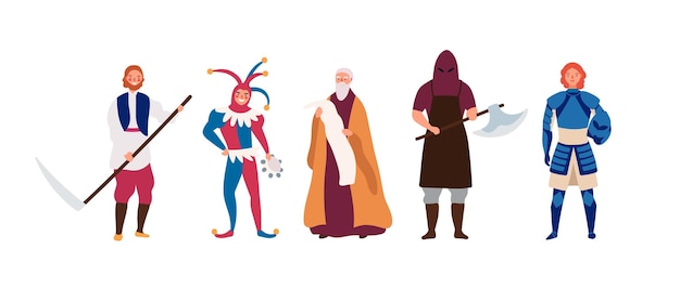 Medieval male characters flat vector illustrations set. Cartoon executioner, peasant, herald, brave knight and happy jester. Masquerade costumes, historic people isolated on white background.