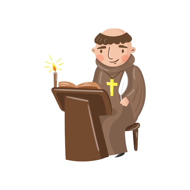 Medieval monk scribe character writing a chronicle of contemporary events cartoon vector Illustration on a white background