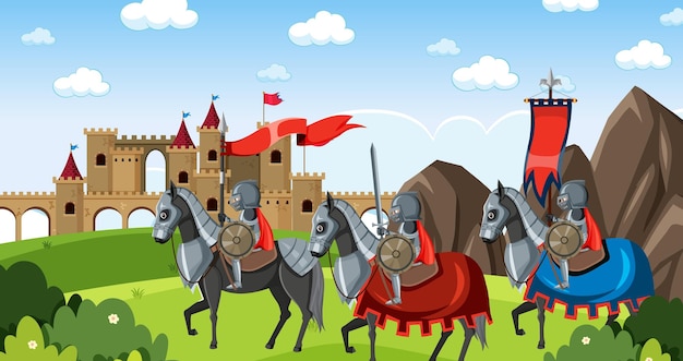 Vector medieval outdoor scene with knights on horseback