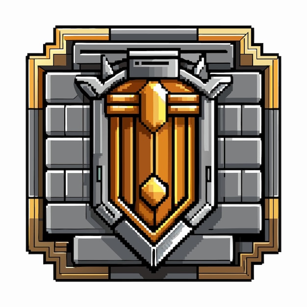 Vector medieval pixel art shield emblem retro video game item icon