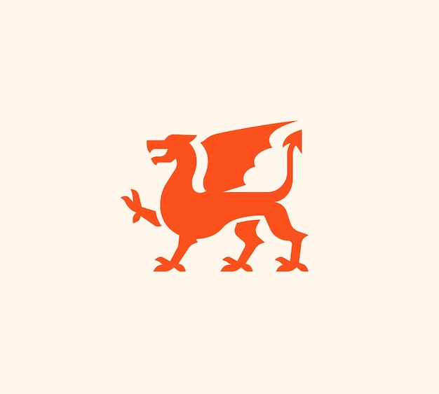 Medieval red dragon logo Dragon with wings orange silhouette