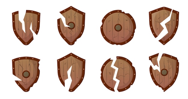 Medieval shields broken in battle vector illustrations set