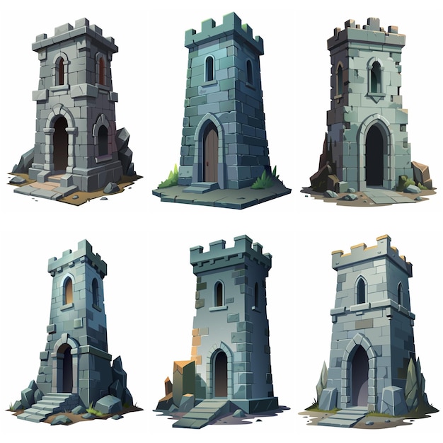 Medieval stone brick tower building Castle gatehouse fort watchtower cartoon building Game rpg style