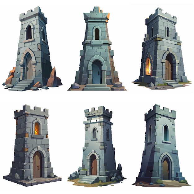 Medieval stone brick tower building Castle gatehouse fort watchtower cartoon building Game rpg style