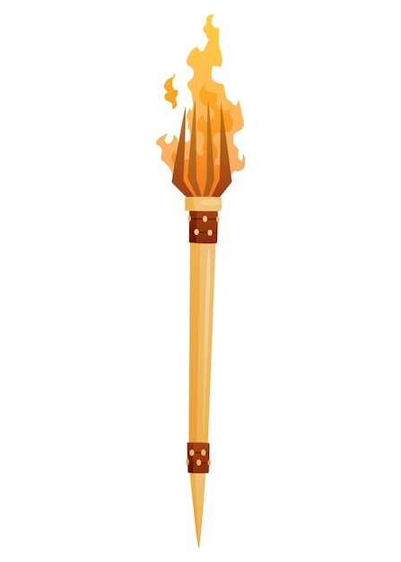 Medieval torch with burning fire Ancient realistic wooden torch with flame Cartoon game element vector illustration