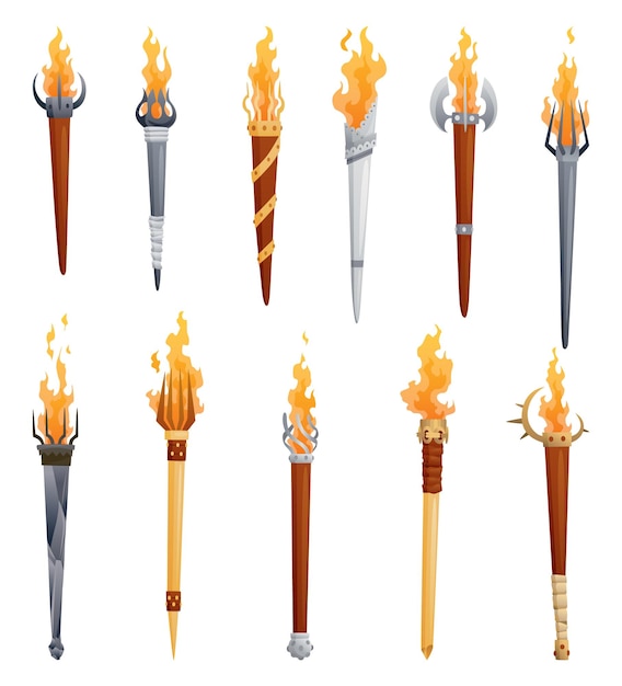 Medieval torches with burning fire set Ancient realistic metal and wooden torches differents shapes with flame Cartoon game elements vector illustration