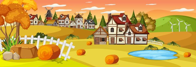 Vector medieval town landscape scene