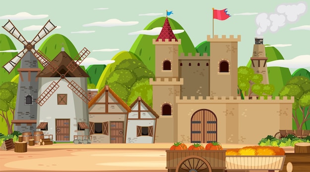 Vector medieval town scene background