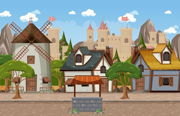 Vector medieval town scene with castle background