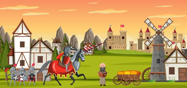 Medieval town scene with villagers and castle