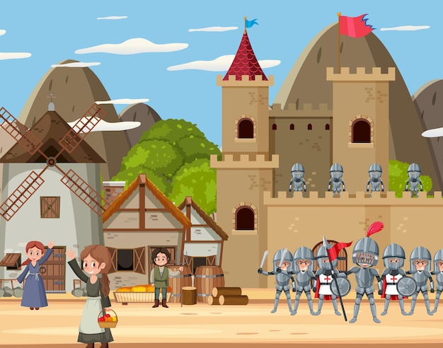 Medieval town scene with villagers