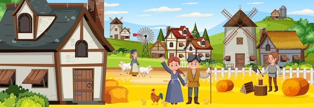 Vector medieval town scene with villagers