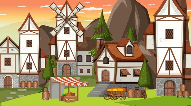 Vector medieval town scene with villagers