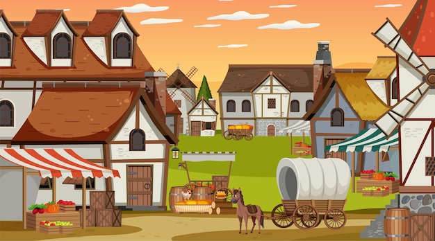 Medieval town scene with villagers