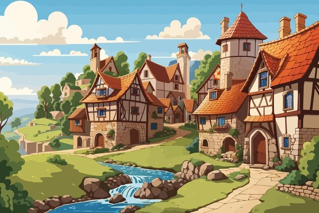 Vector medieval village cartoon illustration