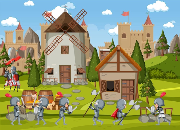 Medieval village scene castle background