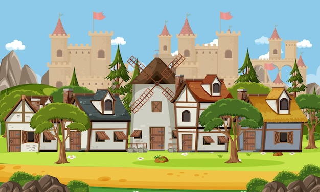 Medieval village scene with castle background