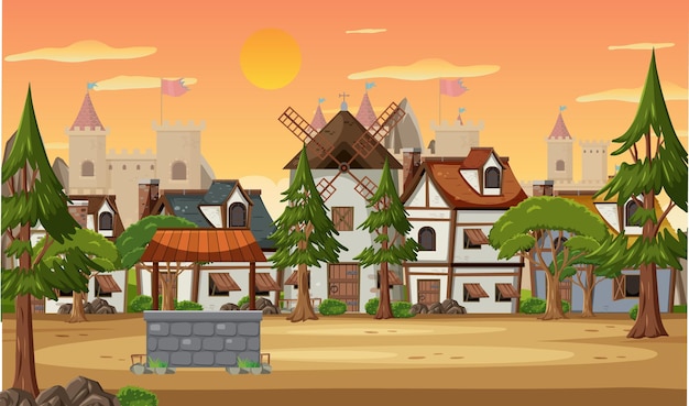 Vector medieval village scene with windmill and houses