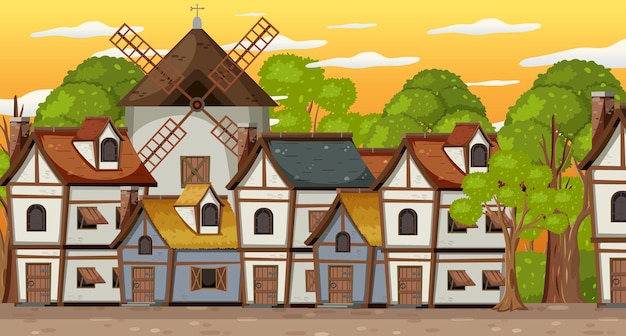 Vector medieval village scene with windmill and houses