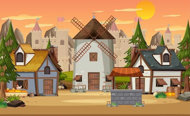 Vector medieval village with windmill and houses