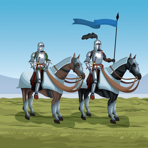 Vector medieval warriors with horses on battlefield