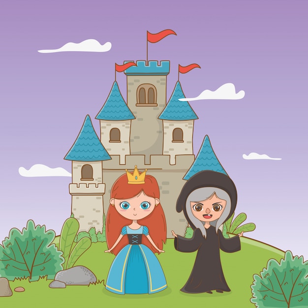 Medieval witch and princess of fairytale design