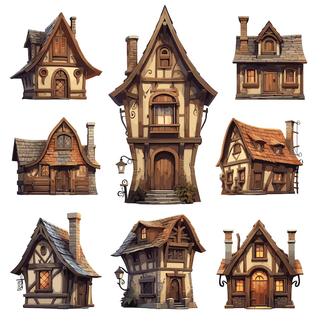 Vector medieval wooden houses ancient european town wood tavern inn and housing villagers historical pub architecture middleaged cottages on white