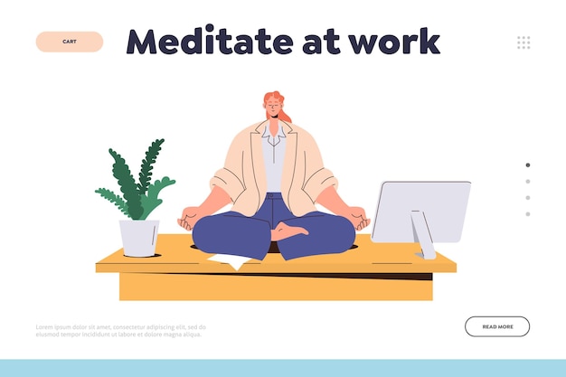 Meditate at work concept for landing page with business woman worker practicing breathing in office