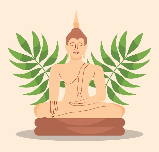 Meditating buddha and tropical leaves illustration