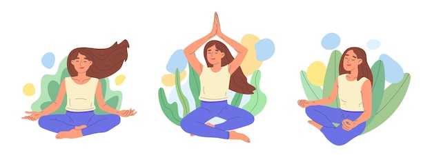 Meditating girl calm mindful yoga meditation woman in lotus pose vector illustration