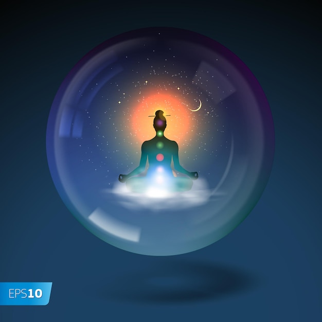 Meditating silhouette sitting in lotus position in sphere vector illustration